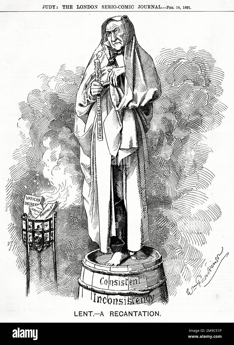 Political cartoon, Lent - A Recantation, Consistent Inconsistency, William Ewart Gladstone standing on a barrel Stock Photo