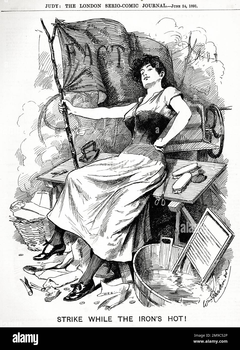 Political cartoon, Strike while the Iron's Hot!  Women's Suffrage Stock Photo