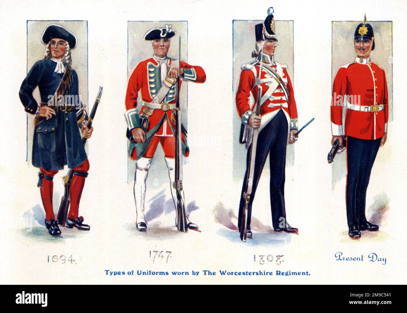 Four types of Uniforms worn by the Worcestershire Regiment - 1694, 1747, 1808, 1915 Stock Photo