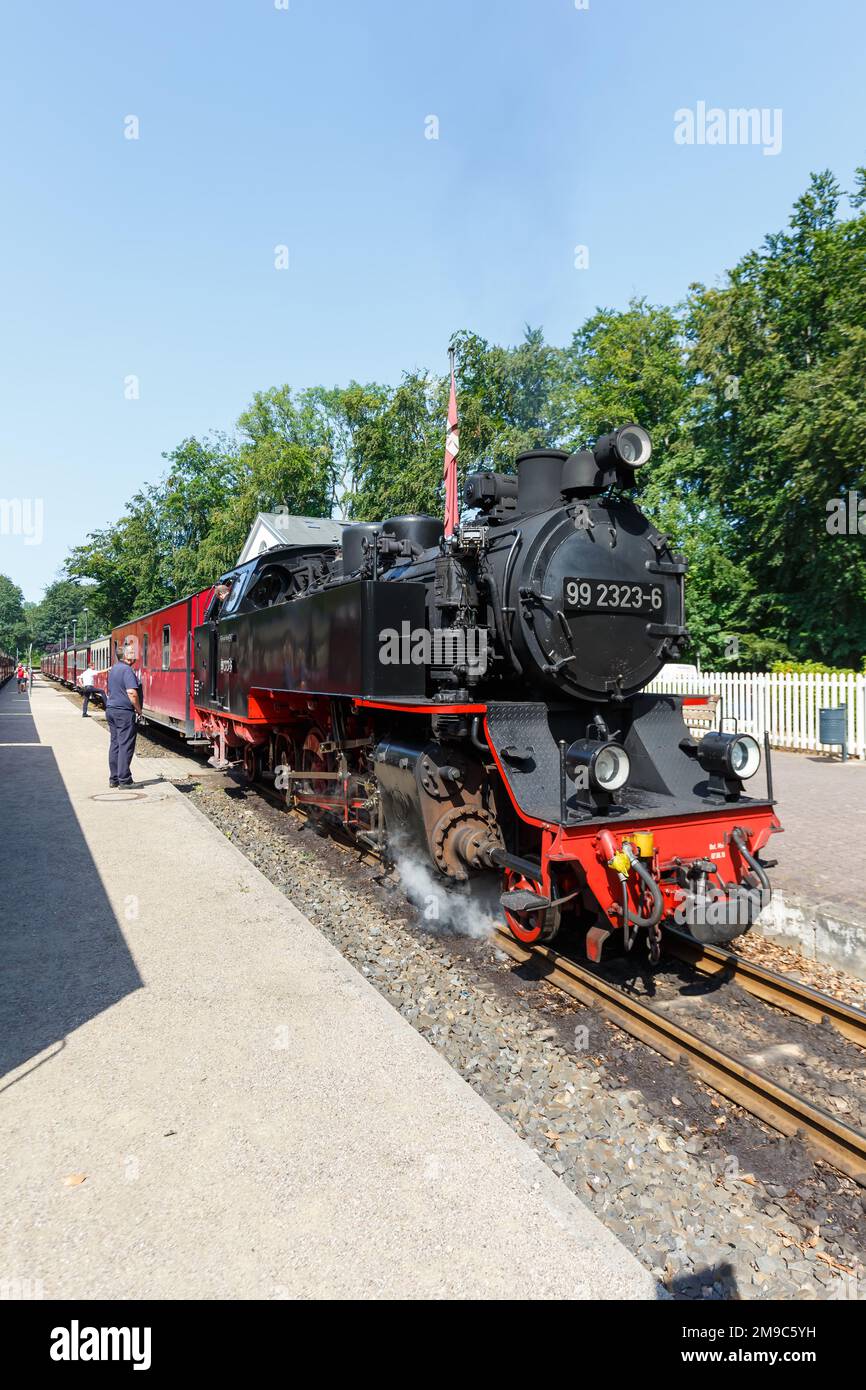Baederbahn Molli steam train locomotive railway portrait format rail in Heiligendamm, Germany Stock Photo