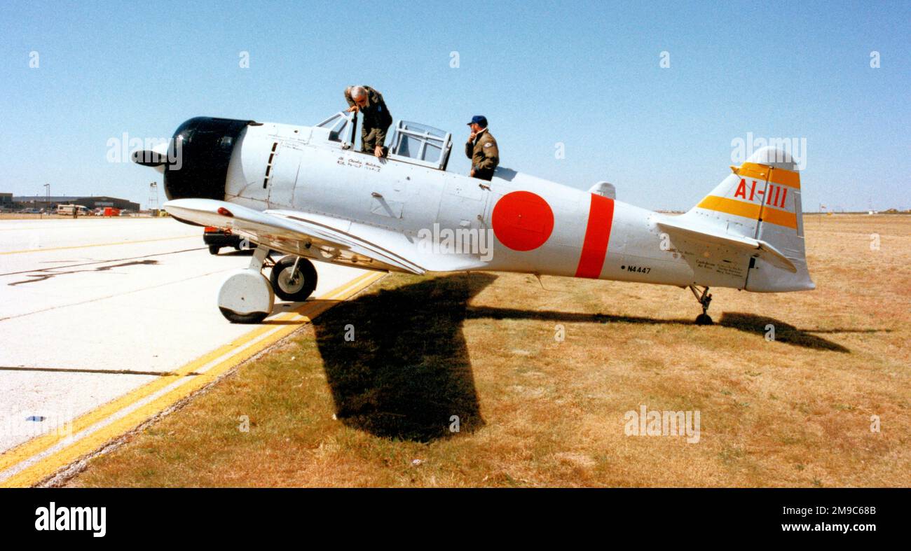 Canadian Car and Foundry Harvard Mk.IV N4447 / AI-111 (msn CCF4-231, ex RCAF 20450), of the Confederate Air Force at Midland Airport on 8-10 October, mocked up as a Mitsubishi A6M2 replica carrier fighter. Stock Photo