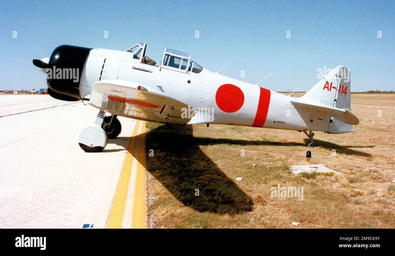 Canadian Car and Foundry Harvard Mk.IV N15797 / AI-114 (msn CCF4-199, ex RCAF 20408), of the Confederate Air Force at Midland Airport on 8-10 October, mocked up as a Mitsubishi A6M2 replica carrier fighter. Stock Photo