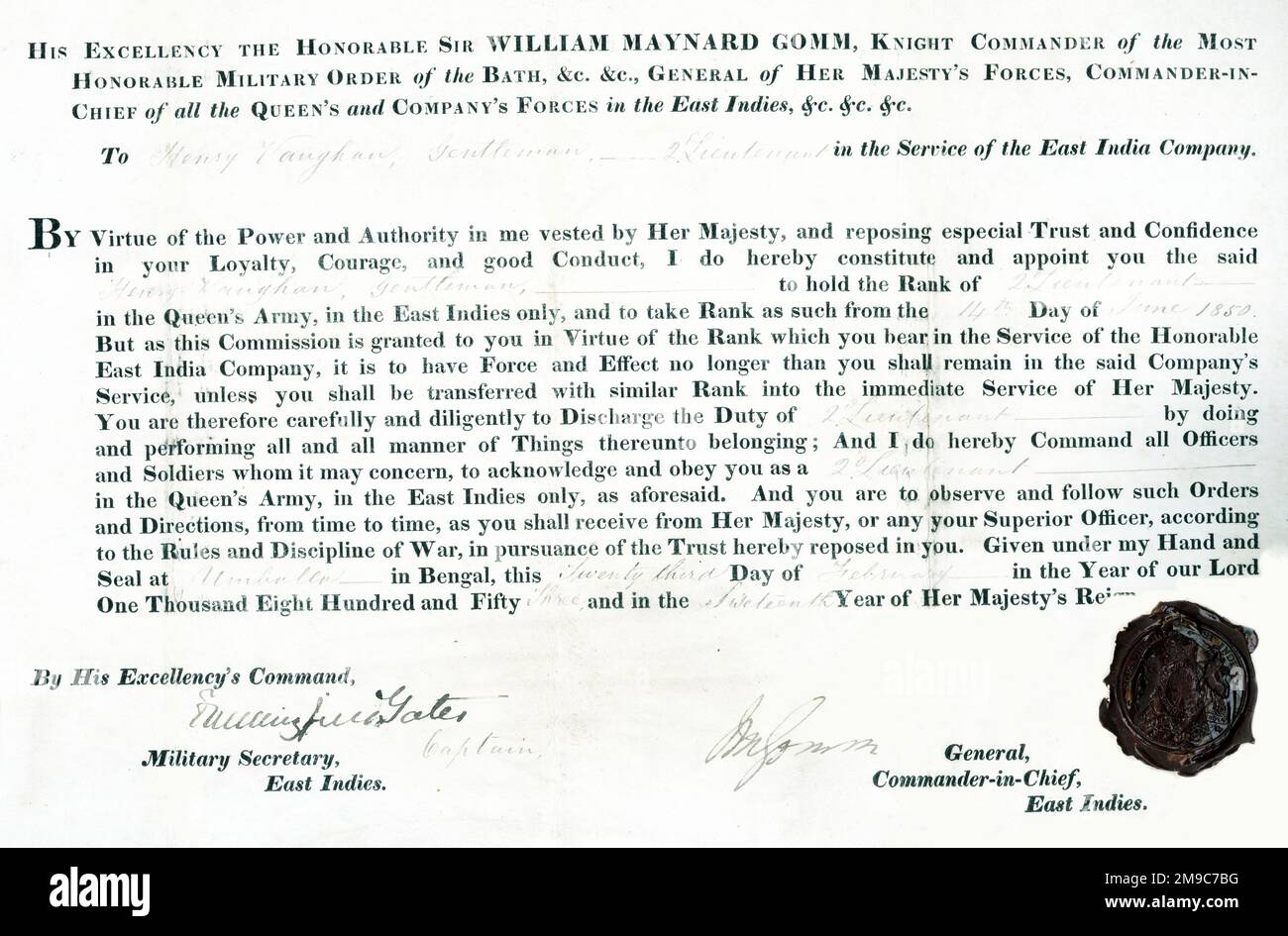 Parchment commission document for 2nd Lieutenant Henry Vaughan, Madras