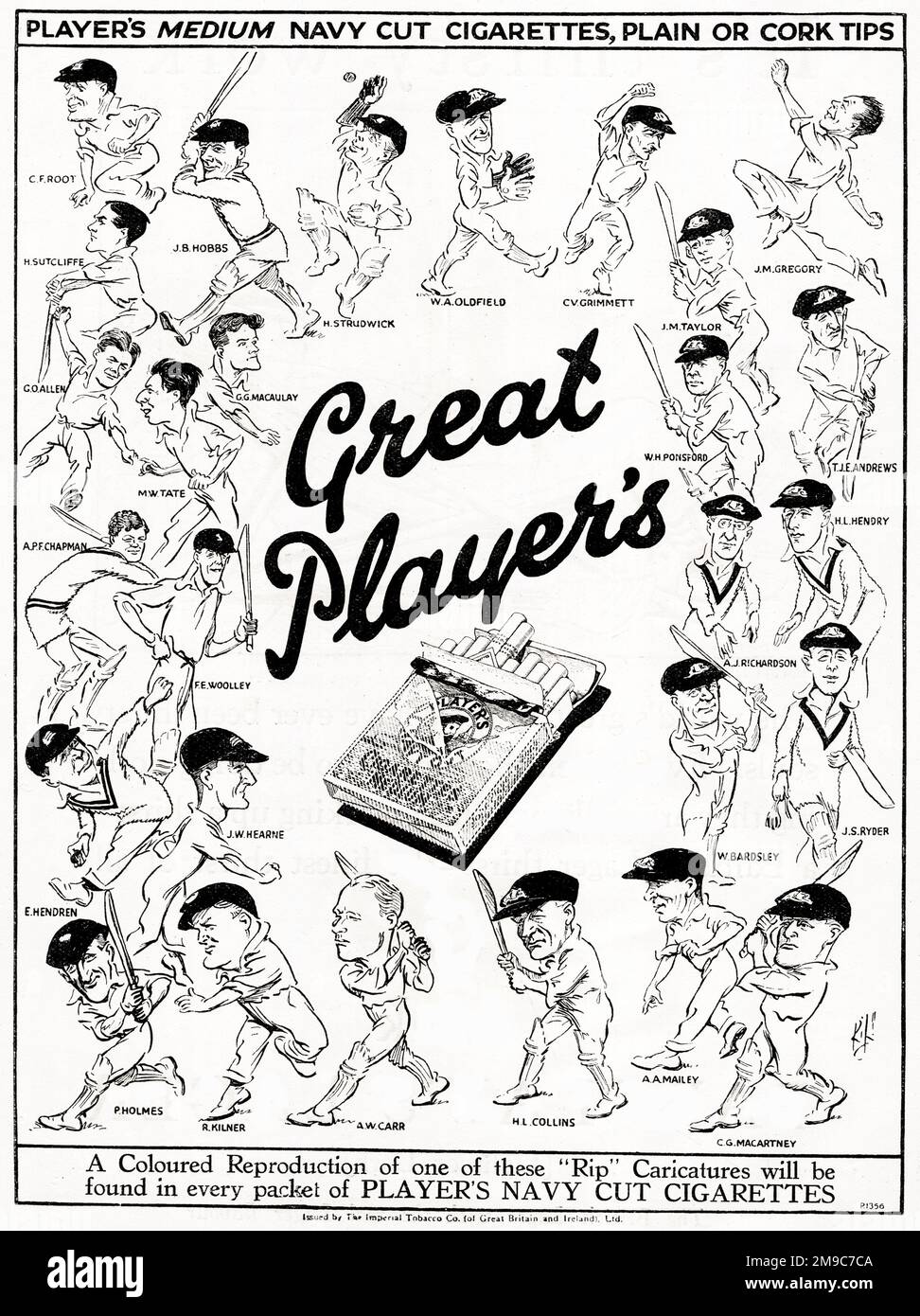 Advert, Great Player's Medium Navy Cut cigarettes, with caricatures of cricketers (cards to collect) Stock Photo