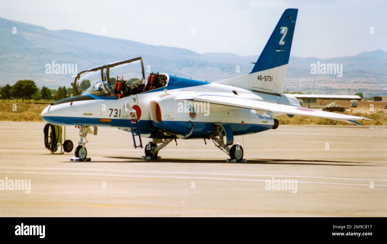 Japan Air Self Defence Force - Kawasaki T-4 46-5731 / number 2 (msn 1131), of the Blue Impulse aerobatic display team, at the Nellis Air Force Base '50th Anniversary of the USAF' airshow on 26 April 1997. Stock Photo
