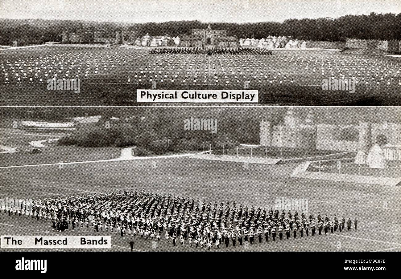 The Physical Culture Display and the Massed Bands at the Aldershot Military Tattoo, an annual event dating back to 1894. In the 1920s and 1930s, the Aldershot Command Searchlight Tattoo held at the Rushmoor Arena presented displays from all branches of the services, including performances lit by flame torches. At one time the performances attracted crowds of up to 500,000 people. Stock Photo