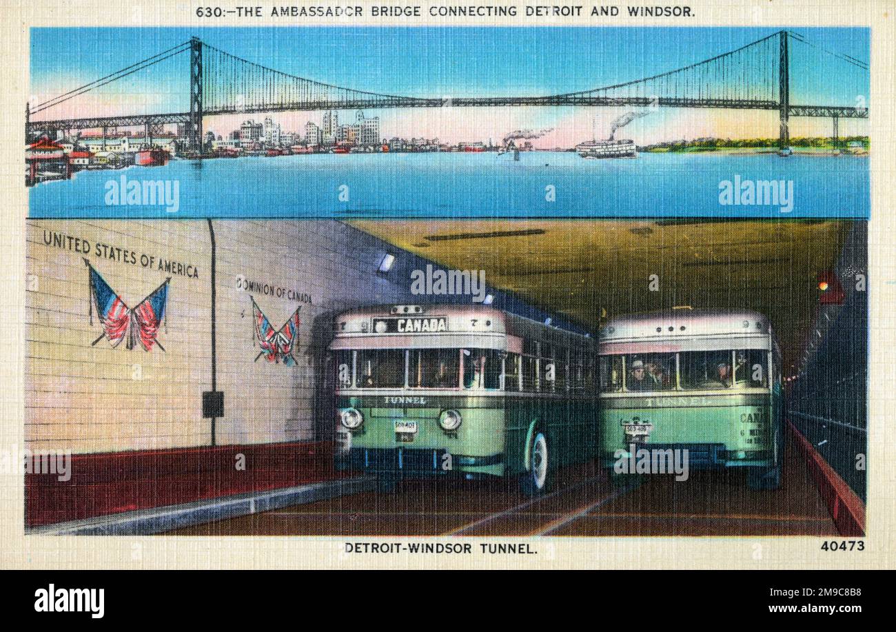 (top) The Ambassador Bridge, at the time the World's longest international suspension bridge at 9609 ft in length (bottom) Tunnel Buses in the Detroit-Windsor Tunnel, Windsor, Ontario, Canada. Stock Photo