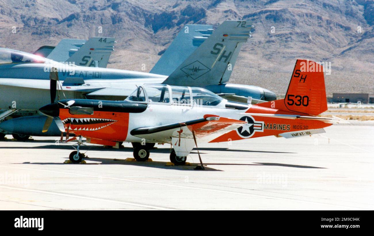 United States Marine Corps - Beechcraft T-34C Mentor 160530 (MSN GL-87, base code SH), of VMFAT-101, at the Nellis Air Force Base '50th Anniversary of the USAF' airshow on 26 April 1997.. Stock Photo