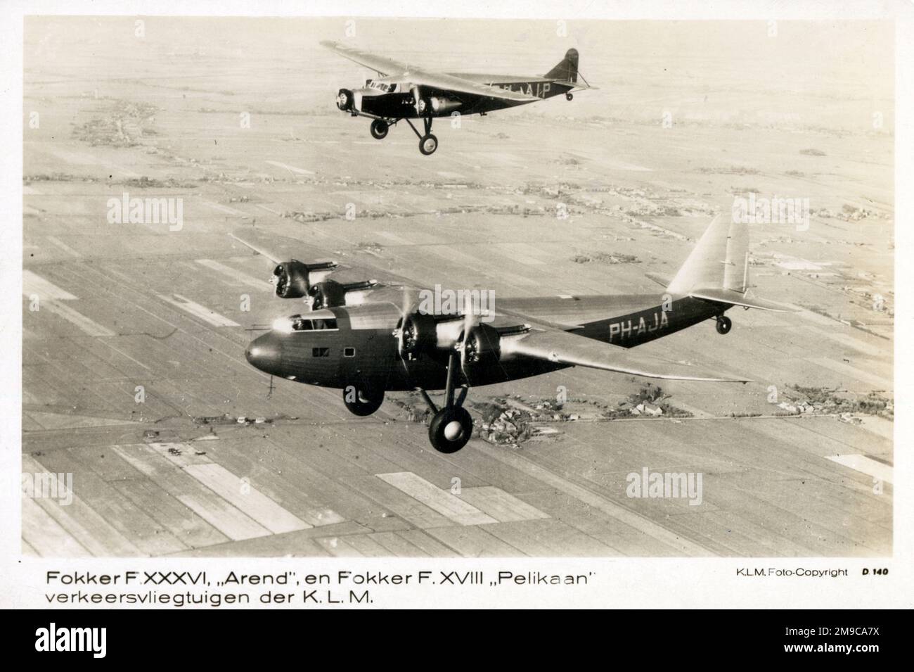 Fokker F.XXXVI 'Arend' (in front) and a Fokker F.XVIII 'Pelikaan' (behind) - Commercial Aircraft of KLM - only one F.XXXVI was ever built (first flight June 22, 1934), the aircraft had all-wood wings. Stock Photo