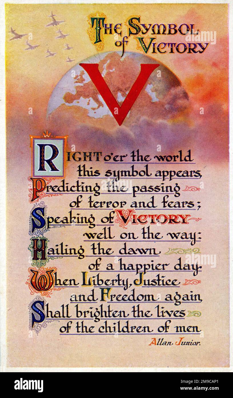 V - The Symbol of Victory and poem of Victory by Allan Junior. Stock Photo