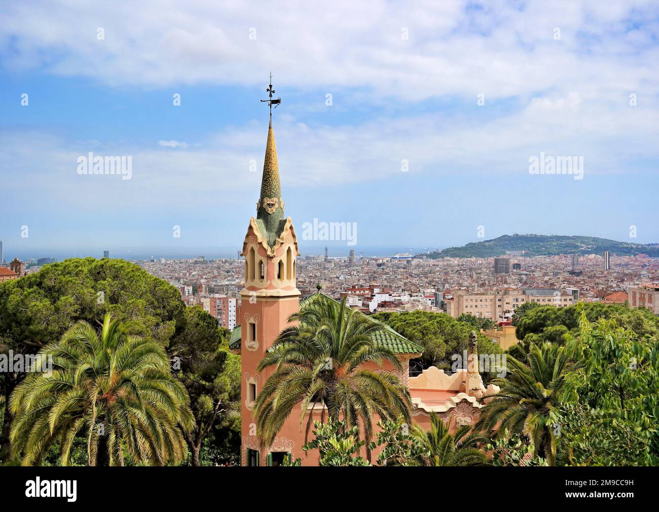 Barcelona, Spain - May 2018: Spire on the tower of the House of Antoni Gaudi in the Guell Park at modernist style Stock Photo