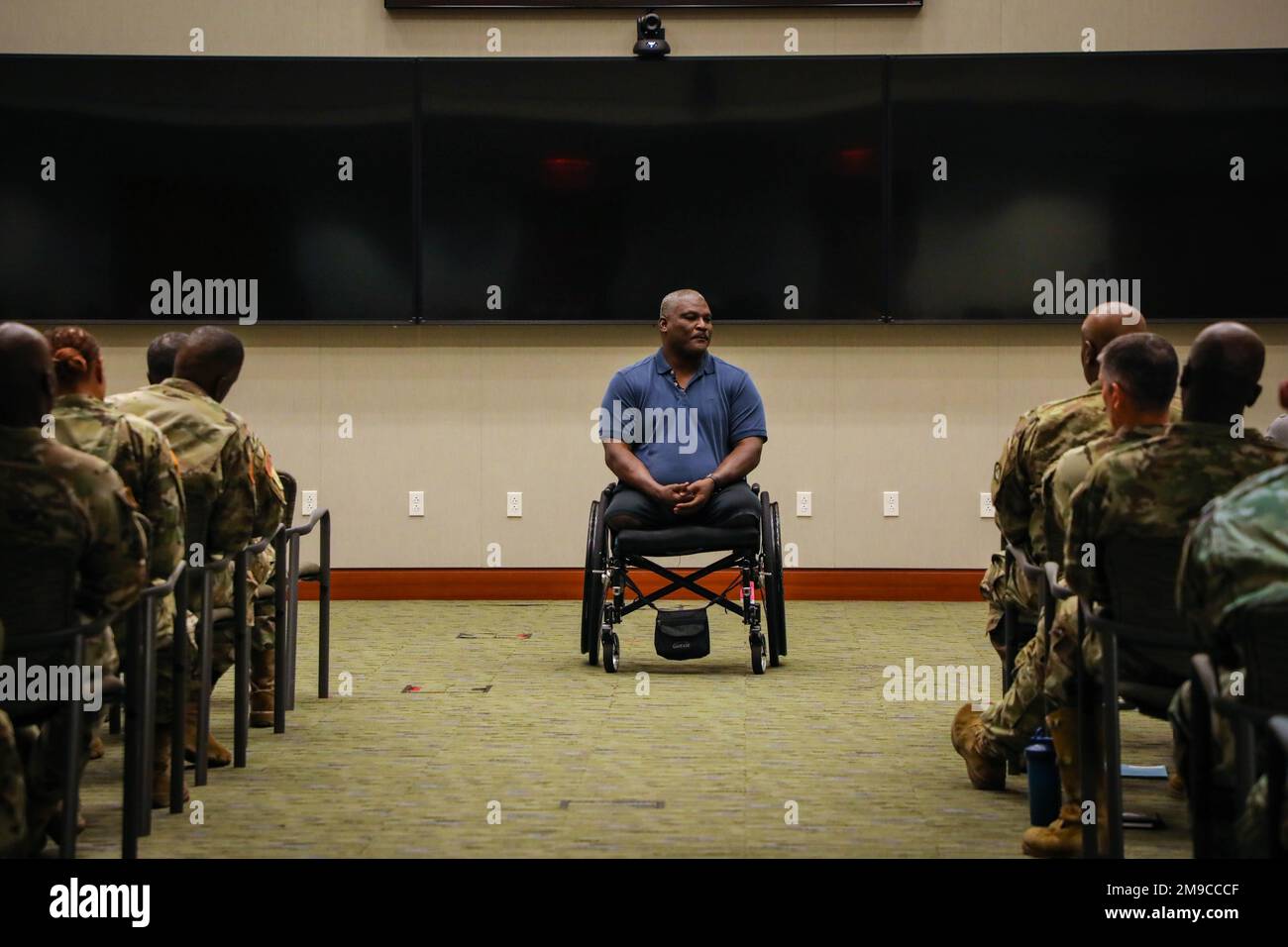 Col. (Ret.) Gregory Gadson gives a speech to members of U.S. Army Central in Patton Hall on Shaw Air Force Base, S.C., May 16, 2022. Gadson’s speech focused on resilient leadership and facing adversities. Stock Photo