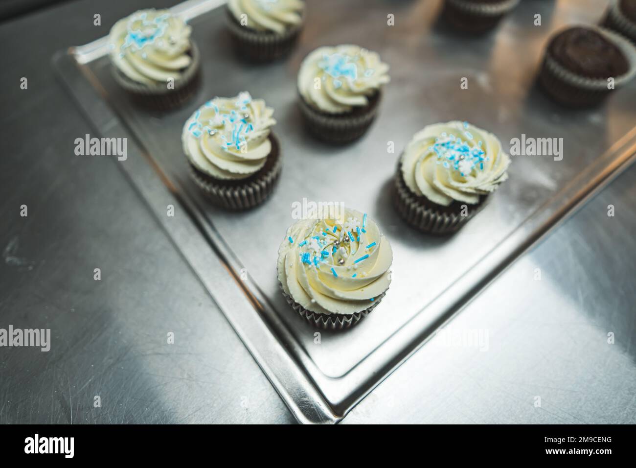 Silver tray of chocolate cupcakes with vanilla frosting and blue