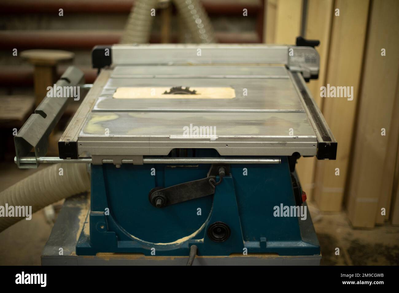 Table for sawing boards. Details of board production. Saw in Stock Photo Alamy