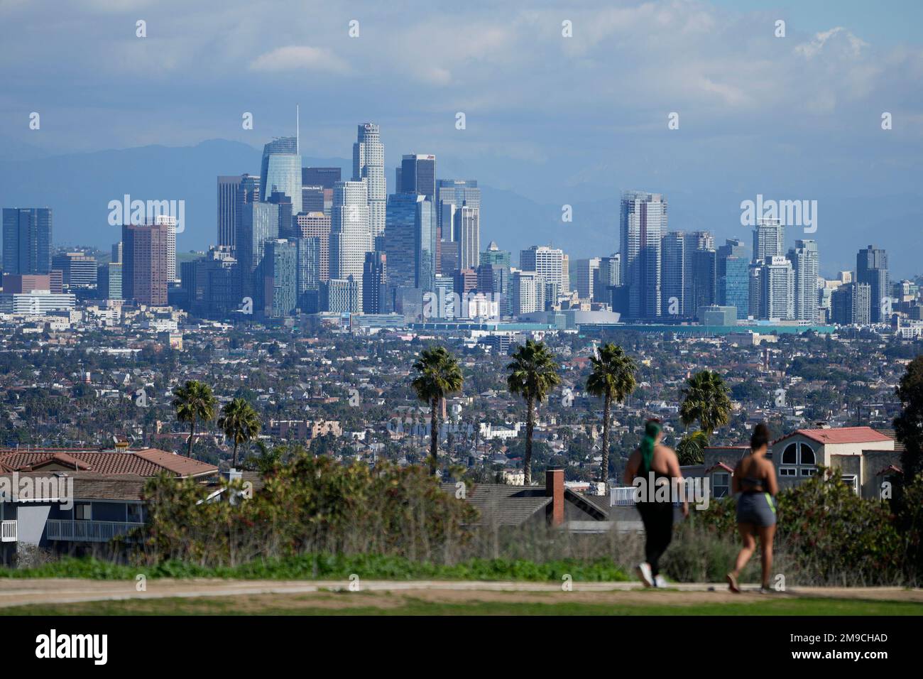 Storm clouds blanket the Los Angeles skyline as seen from Kenneth Hahn ...