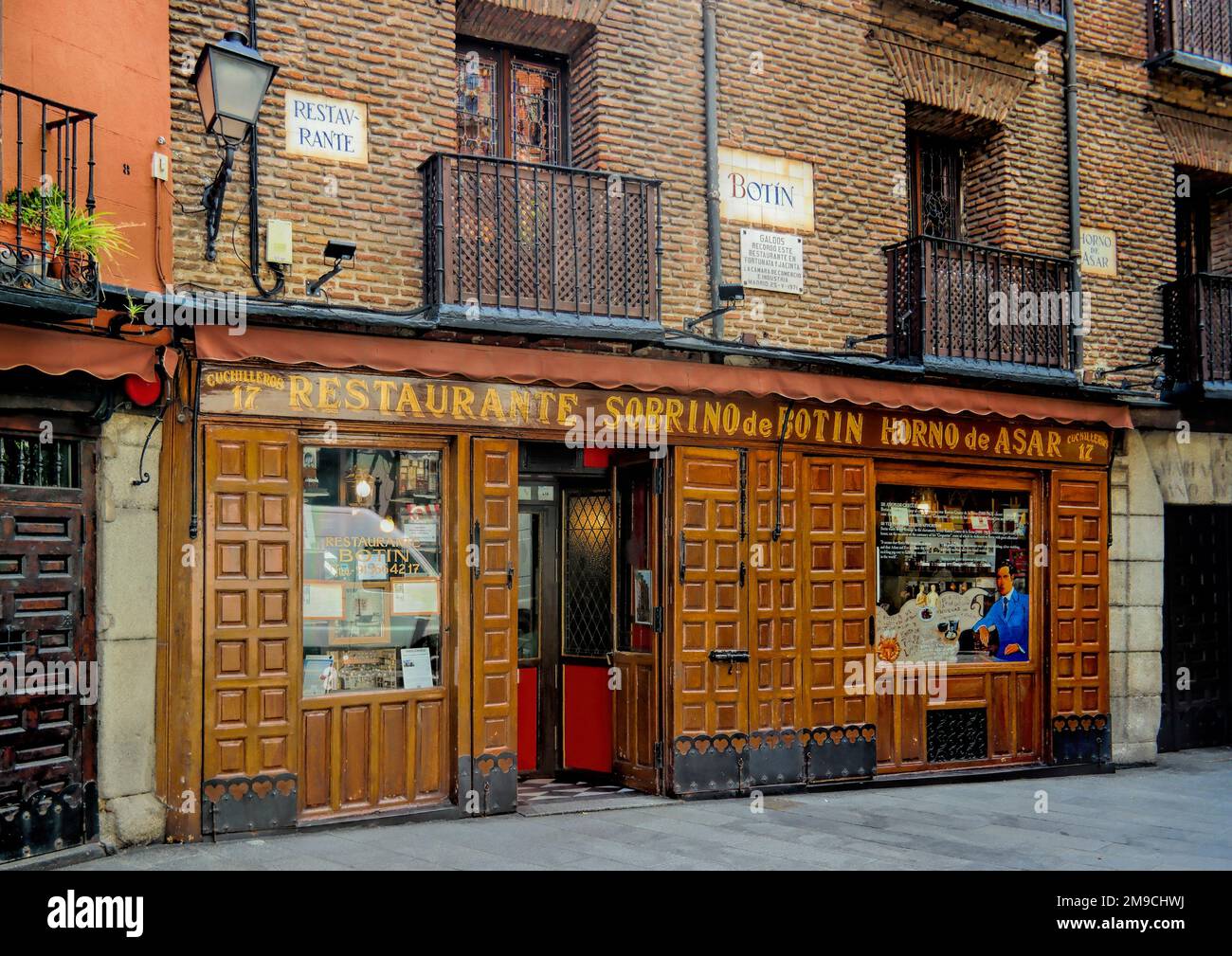 Madrid, Spain - May 2018: The worlds oldest restaurant, as recognized by Guinness World Records. It is called Sobrino de Botin and was founded in 1725 Stock Photo