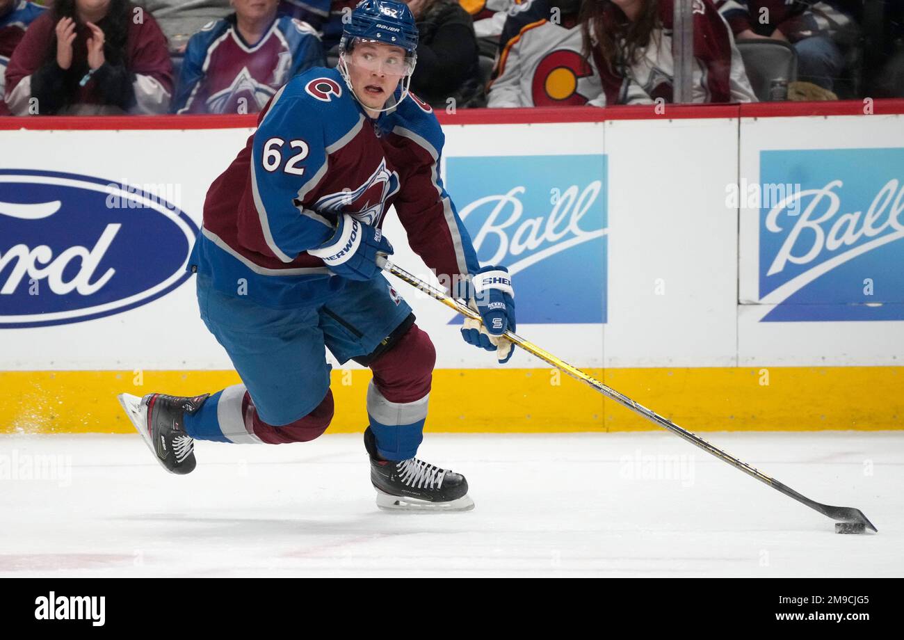 Colorado Avalanche left wing Artturi Lehkonen (62) in the first period of an NHL hockey game Monday, Jan. 16, 2023, in Denver. (AP Photo/David Zalubowski Stock Photo - Alamy
