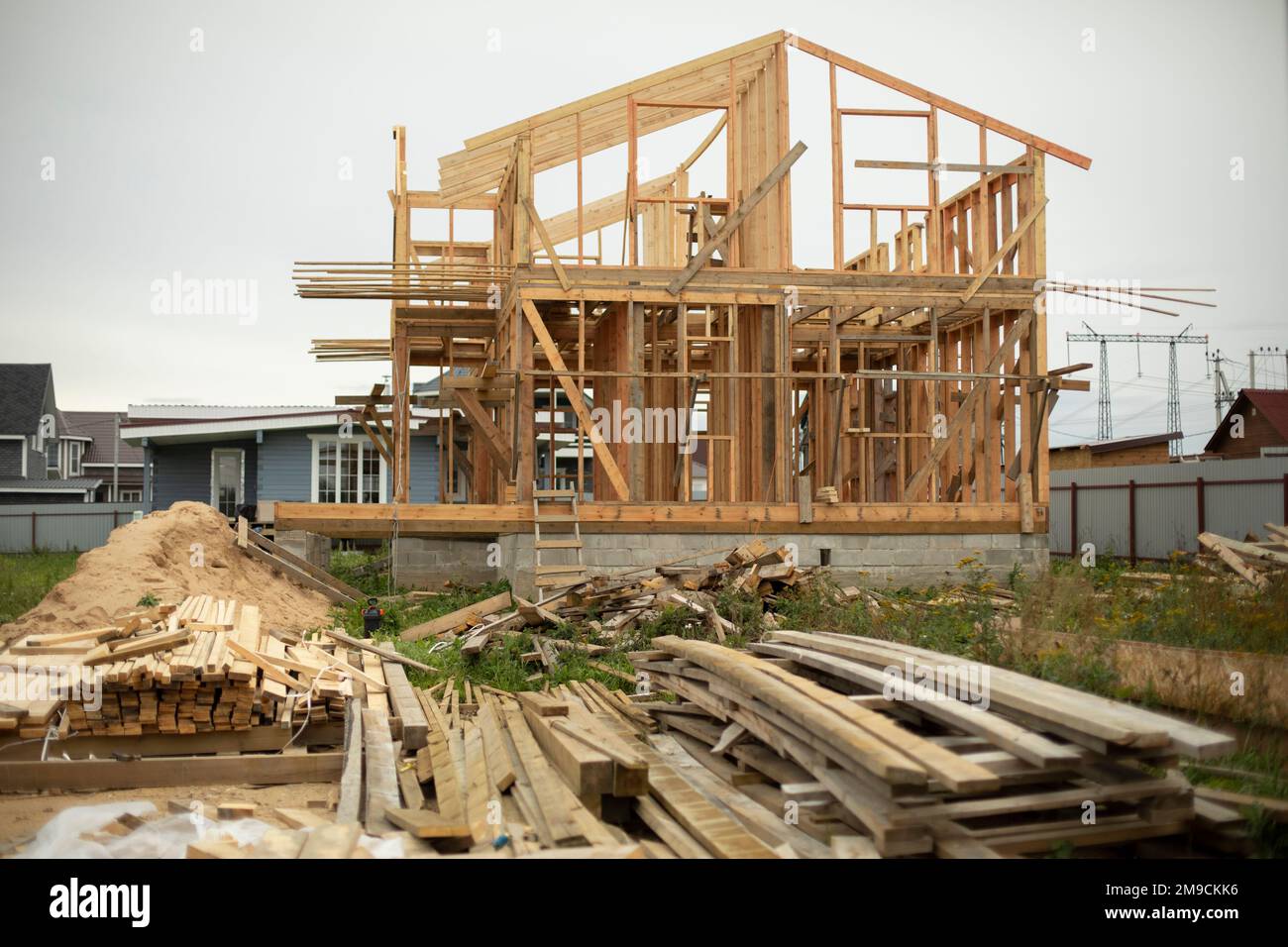 Construction of house made of wood. Building house in countryside