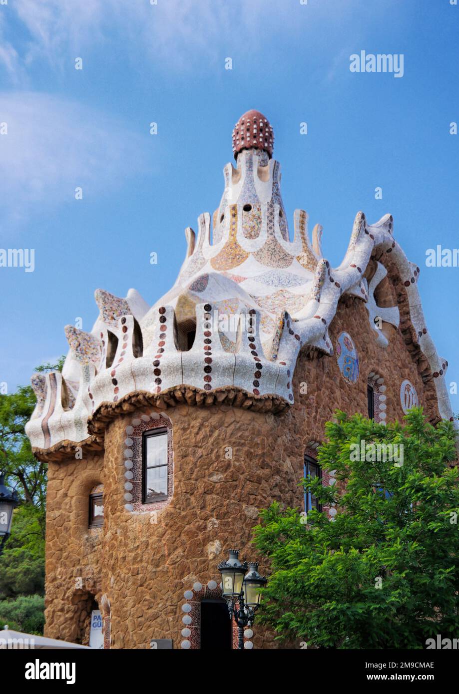 Barcelona, Spain - May 2018: Casa del Guarda of Park Güell. Amazing looking piece of architecture art located in Barcelona. Designed by Antoni Gaudi Stock Photo
