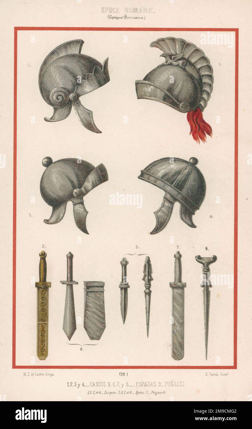 Four examples of Roman legionaire helmets and a selection of daggers and short pointed weapons for hand-to- hand combat. One helmet has an elaborate metal plume Stock Photo