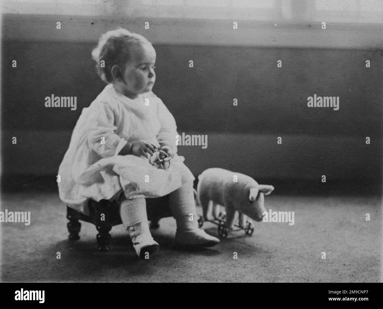 A little girl with her toys, including a pig on wheels, in Italy. Stock Photo