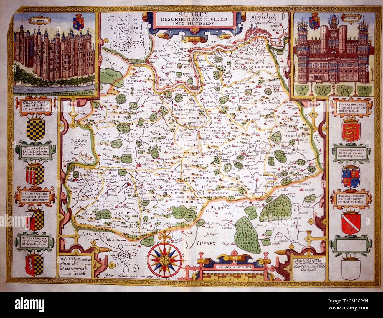 17th century Map of Surrey, England Stock Photo