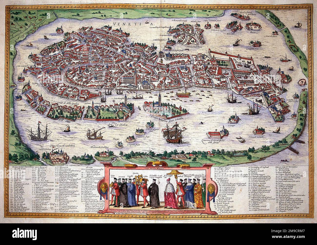 16th century Map of Venice, Italy and Doge's Procession Stock Photo