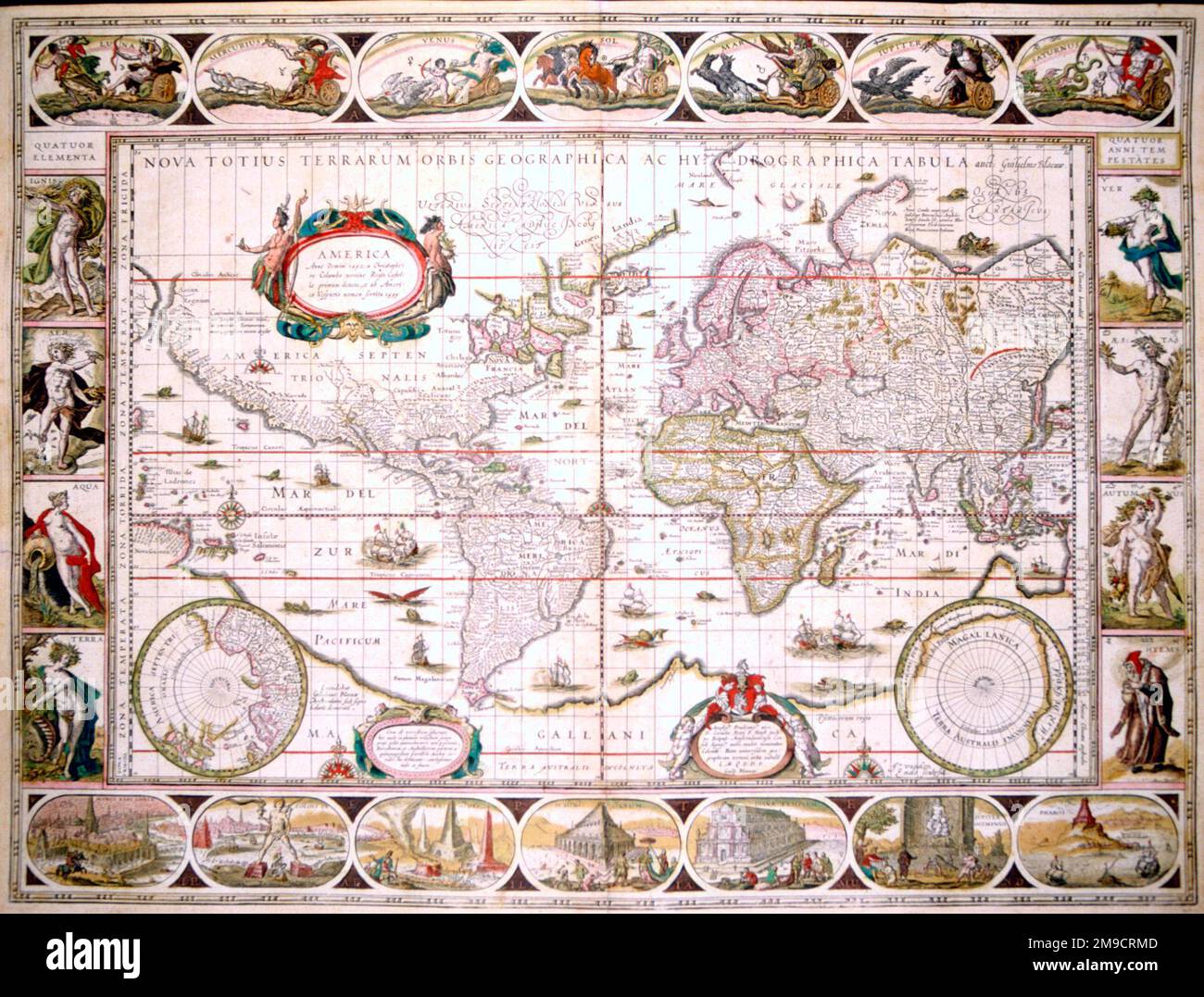 Nova Totius Terrarum Orbis Geographica ac Hydrographica Tabula -17th century Map of the World Stock Photo