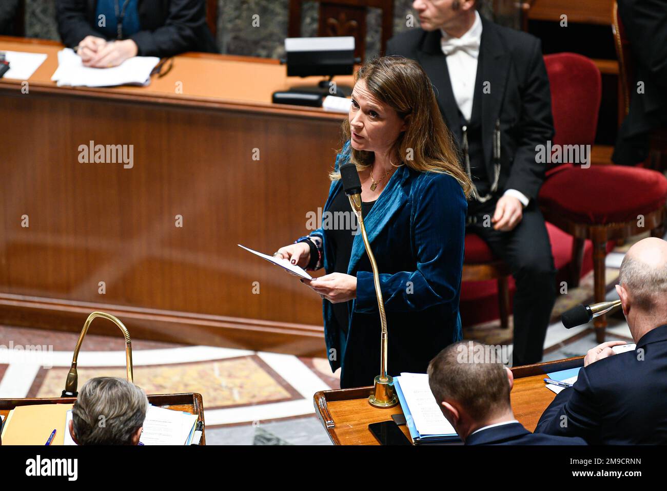 Paris, France. 17th Jan, 2023. Olivia Gregoire, Minister Delegate in charge of Small and Medium Enterprises, Trade, Handicrafts and Tourism, during a session of questions to the government at The National Assembly in Paris on January 17, 2023. Credit: Victor Joly/Alamy Live News Stock Photo