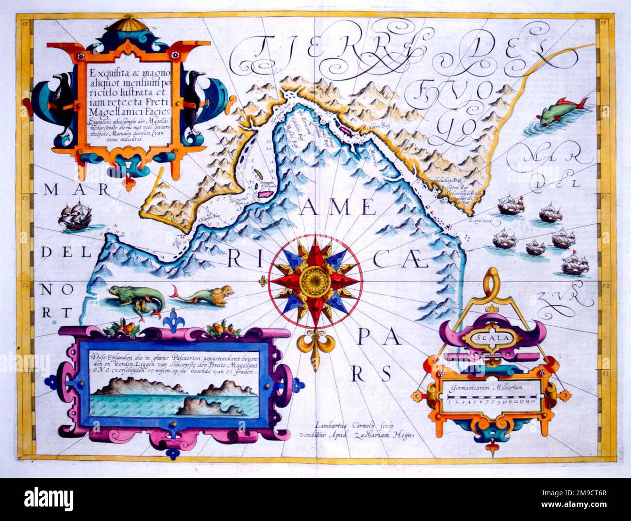 17th century Map of the Magellan Straits, Tierra del Fuego, South America Stock Photo