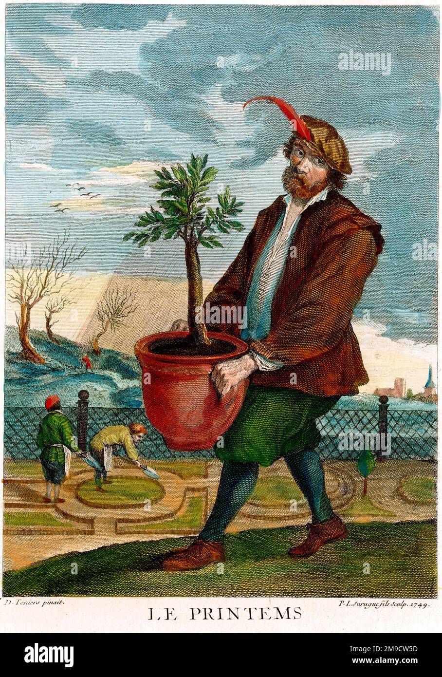 The Four Seasons - Spring. Gardener carrying a tree to plant in a garden Stock Photo