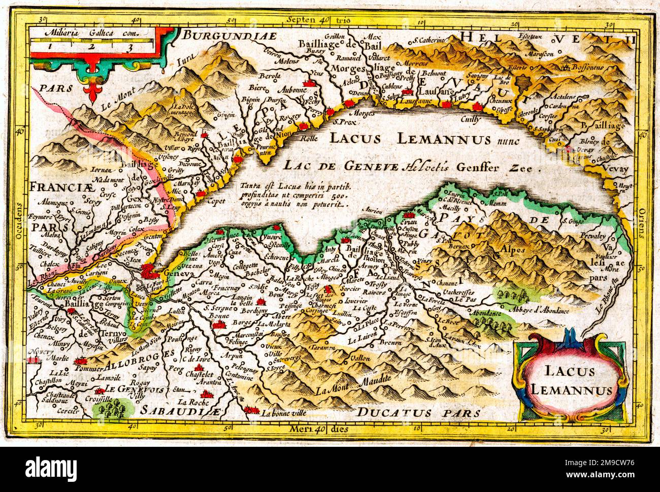 17th century Map of Lake Geneva (Leman or Lemannus), Switzerland Stock Photo