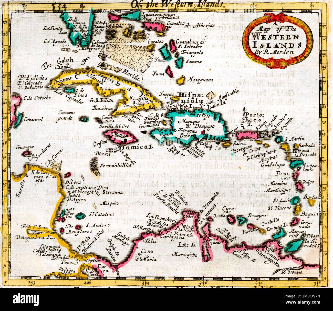 17th century Map of the West Indies, Western Islands, Cuba, Hispaniola, Jamaica, Puerto Rica, etc. Stock Photo