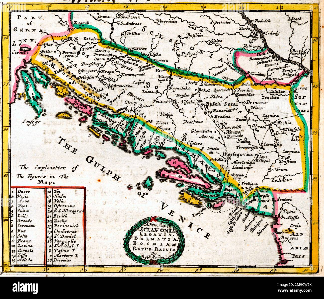 17th century Map of Sclavonia, Croatia, Dalmatia, Bosnia and the Gulph (Gulf) of Venice Etc Stock Photo