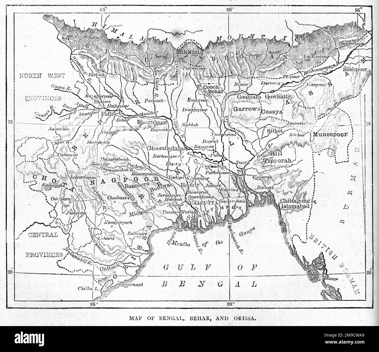 19th century Map of Bengal, Behar and Orissa in India Stock Photo