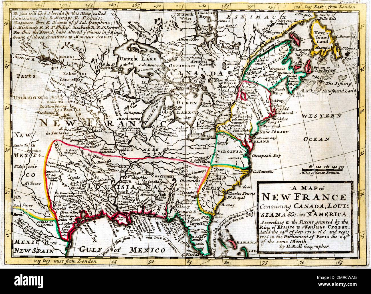 18th century Map of New France, North America including Canada, the Great Lakes and Louisiana Stock Photo