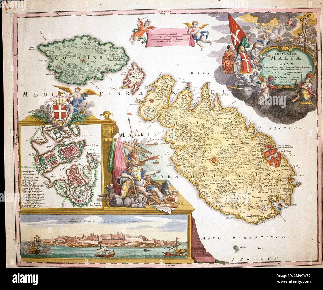 18th century Map of Malta and Gozo with plan of Valetta Stock Photo
