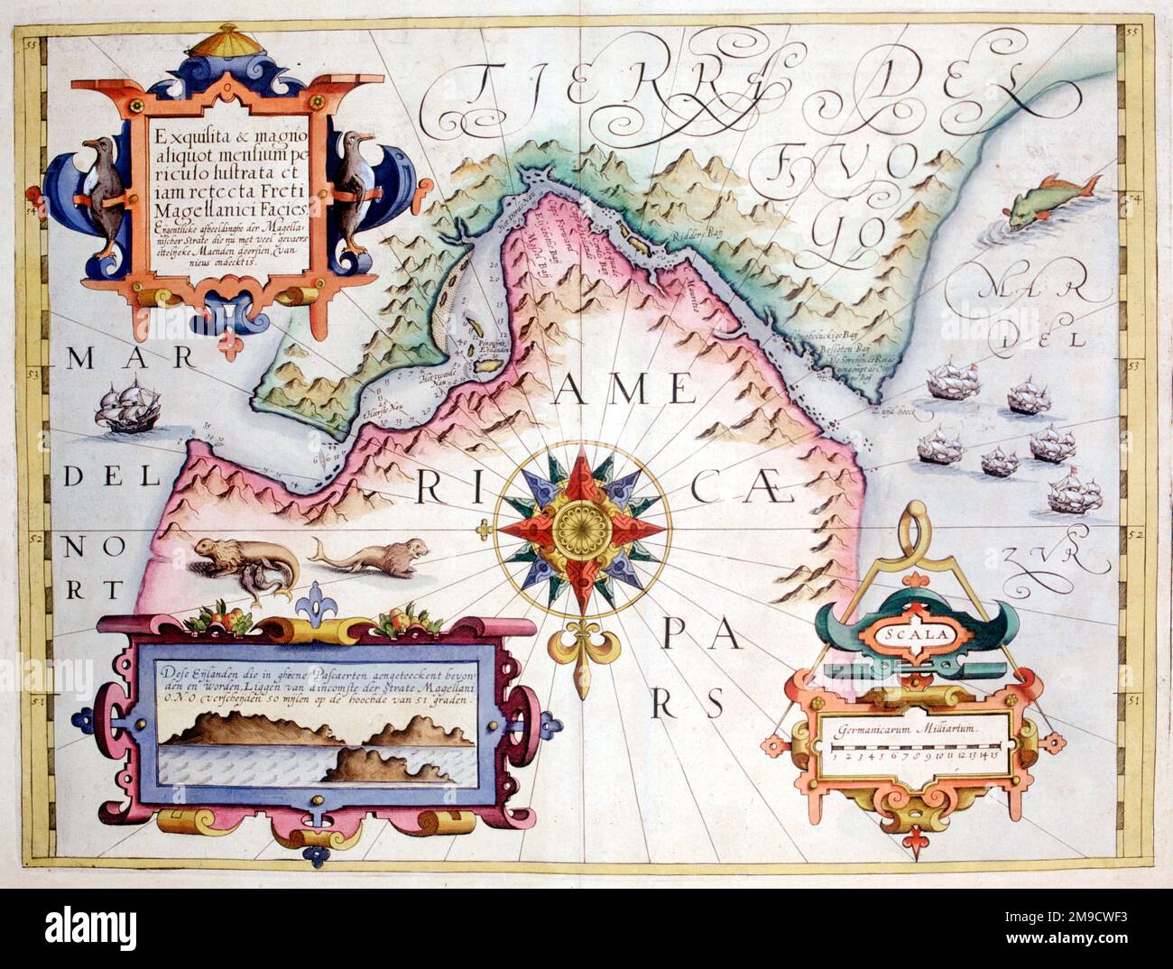 17th century Map of the Magellan Straits, Patagonia and Tierra del Fuego, South America Stock