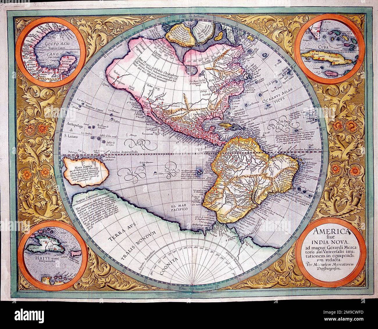 16th century Map of North and South America - America Sive India Nova with insets of the Gulf Coast, Hispaniola and Cuba and the Bahamas and southern Florida Stock Photo
