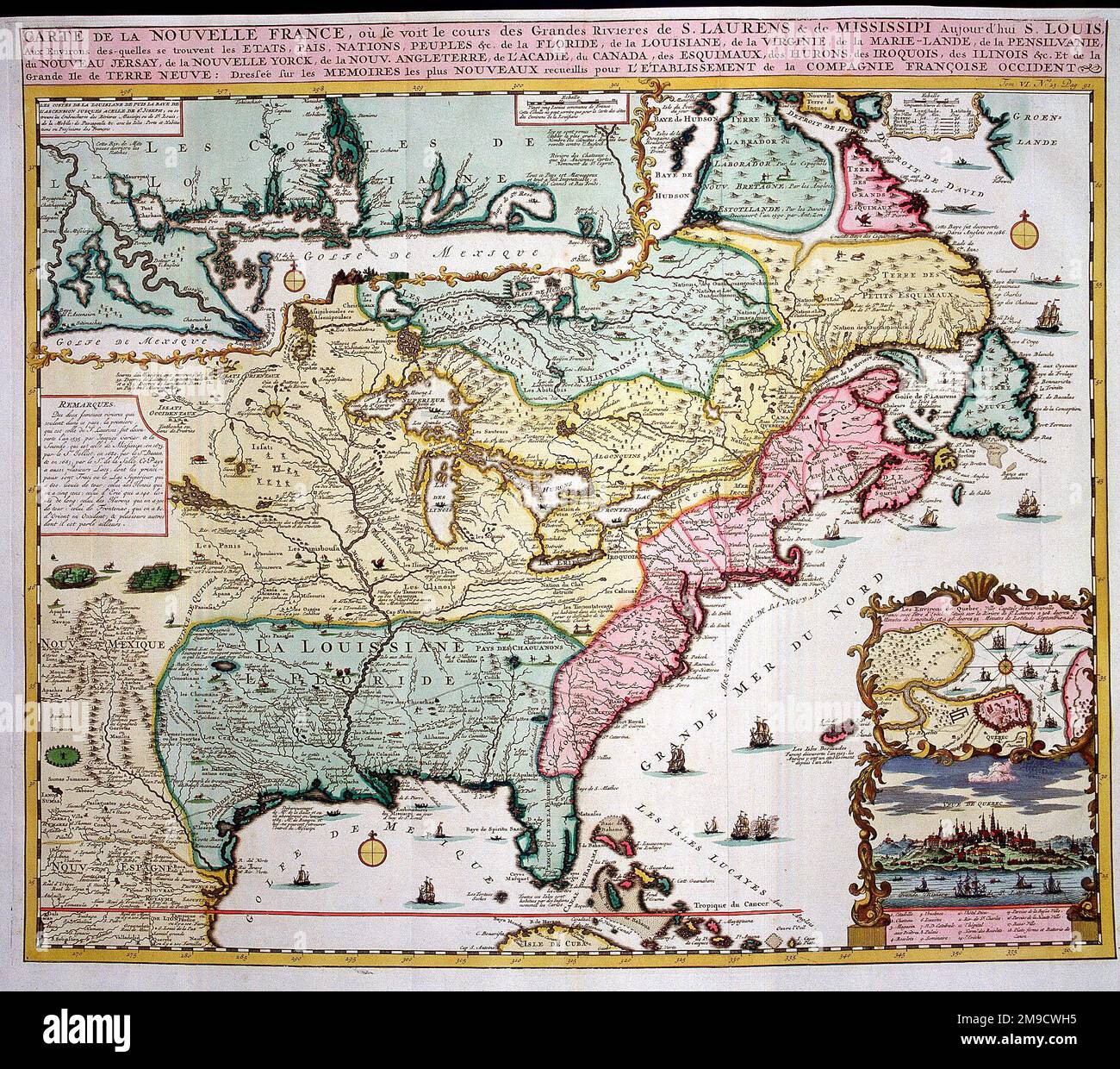 18th century Map of New France (Quebec), Canada and St Laurence & Mississippi Stock Photo