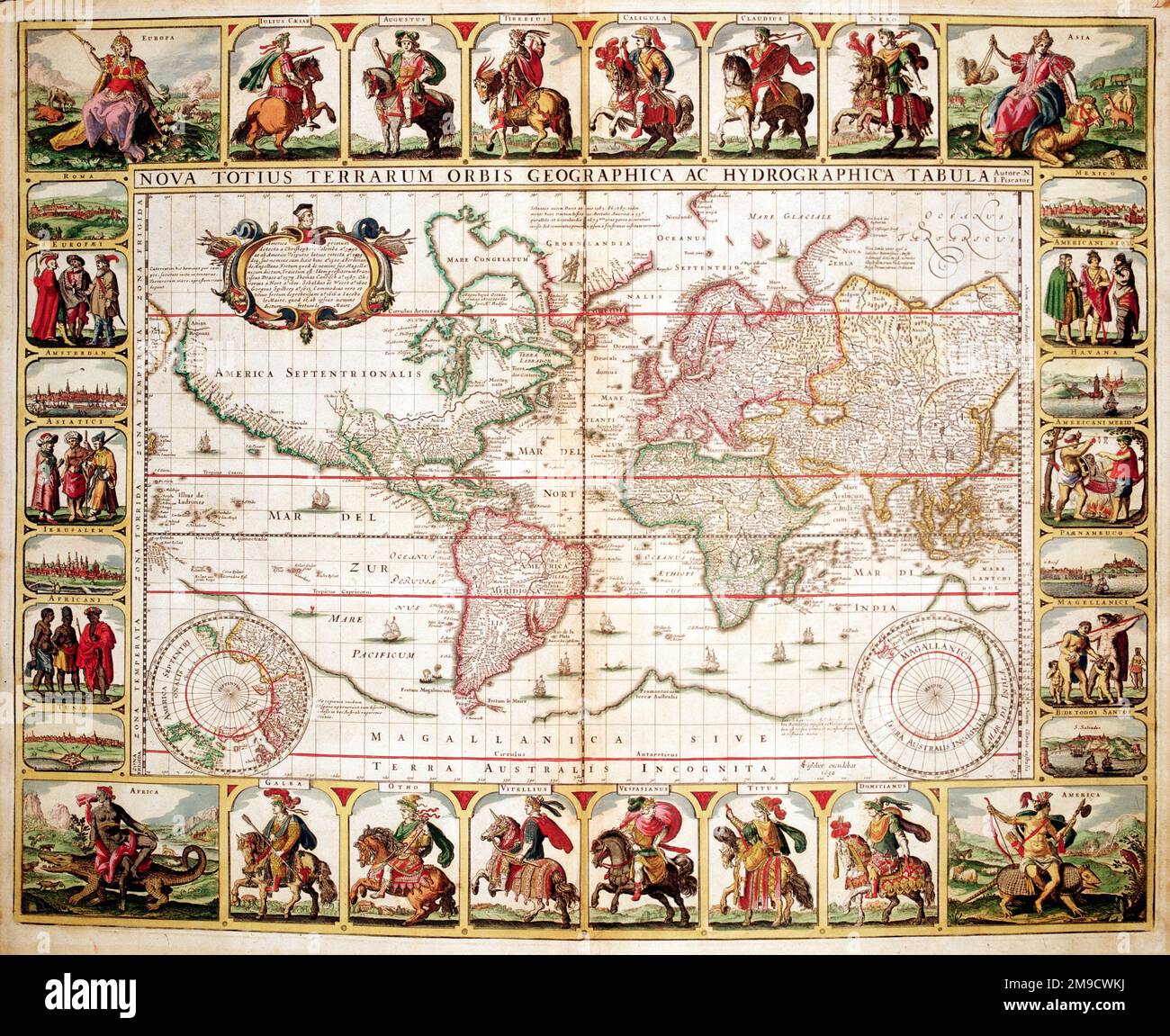 17th century Map of the World - Nova Totius Terrarum Orbis Geographica Ac Hydrographica Tabula  - 12 Caesars Map showing Twelve Roman Emperors Stock Photo