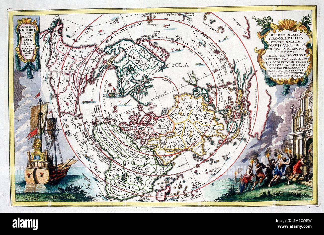 18th century polar centred Map of the World (World Navigation) with the route of the voyage of Magellan - Repraesentatio Geographica Itineris Maritimi Navis Victoriae Stock Photo