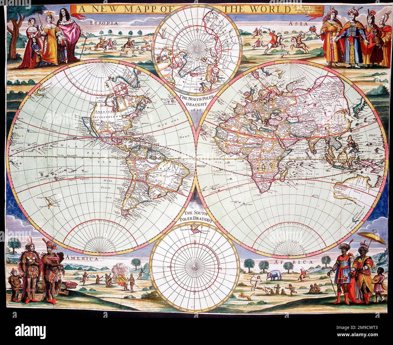 17th century Map of the World with views of the continents Stock Photo