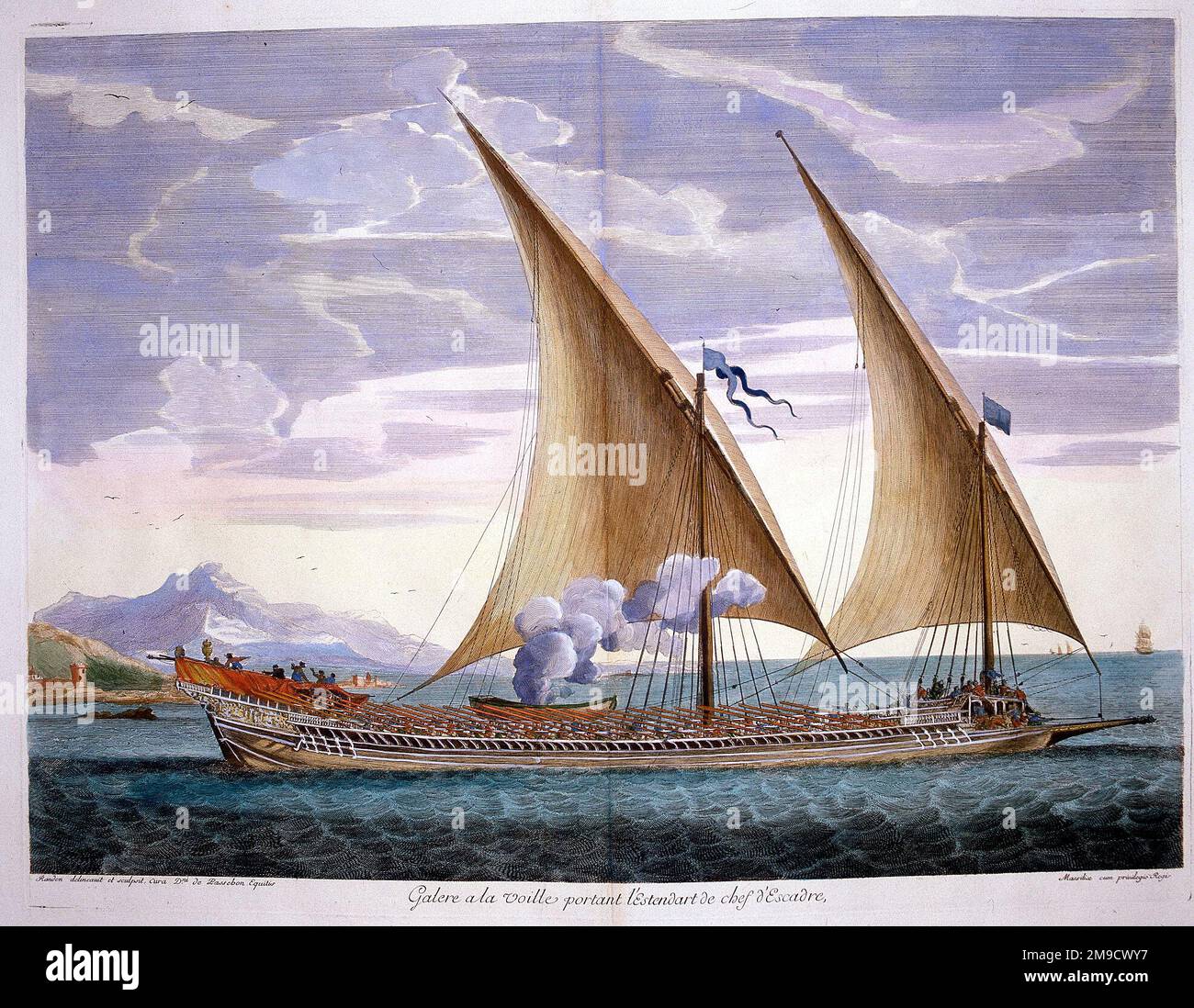 17th century French sailing galley with Admiral standard Stock Photo