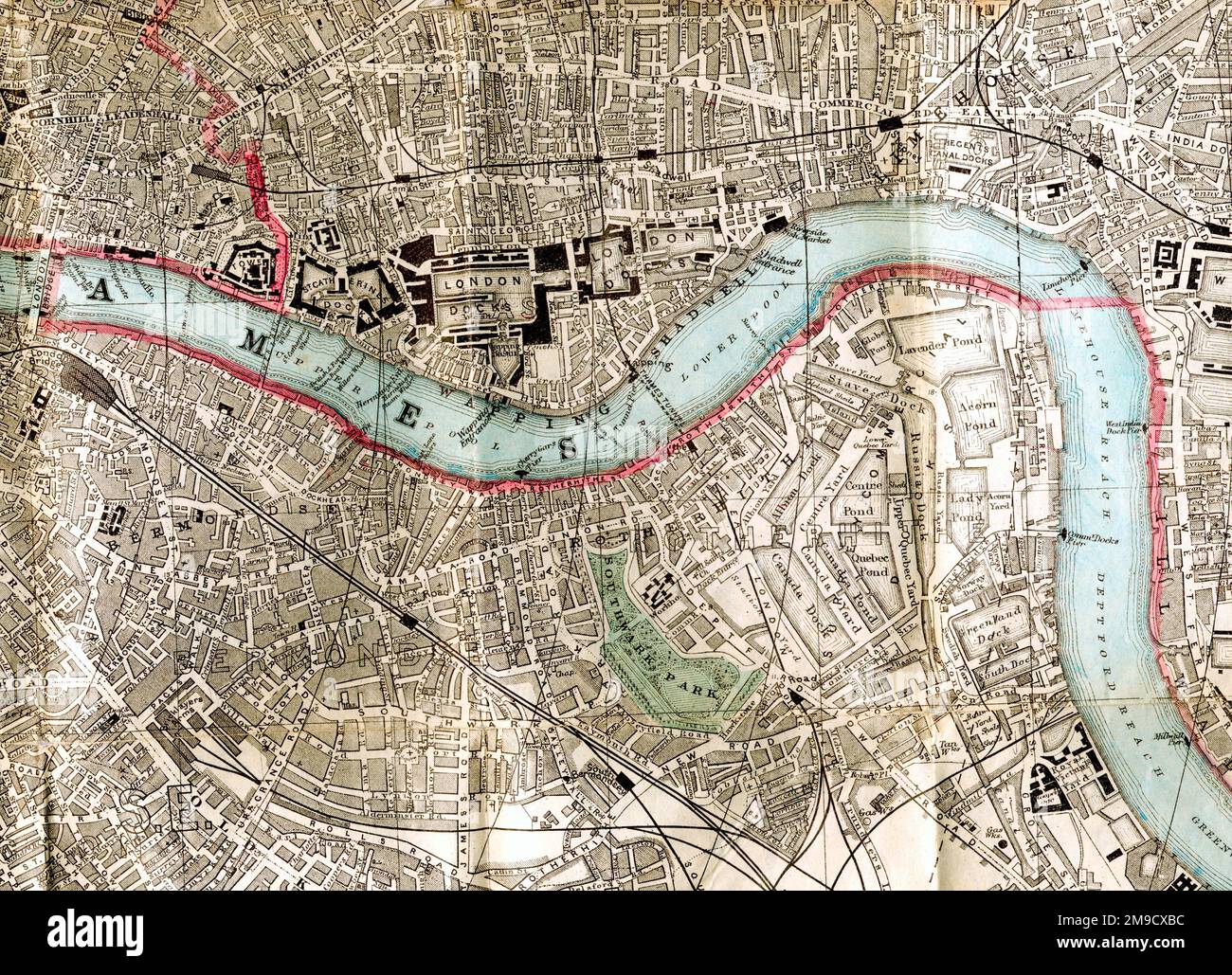 19th century Map of London Docks, Wapping and Shadwell (Extract) Stock Photo