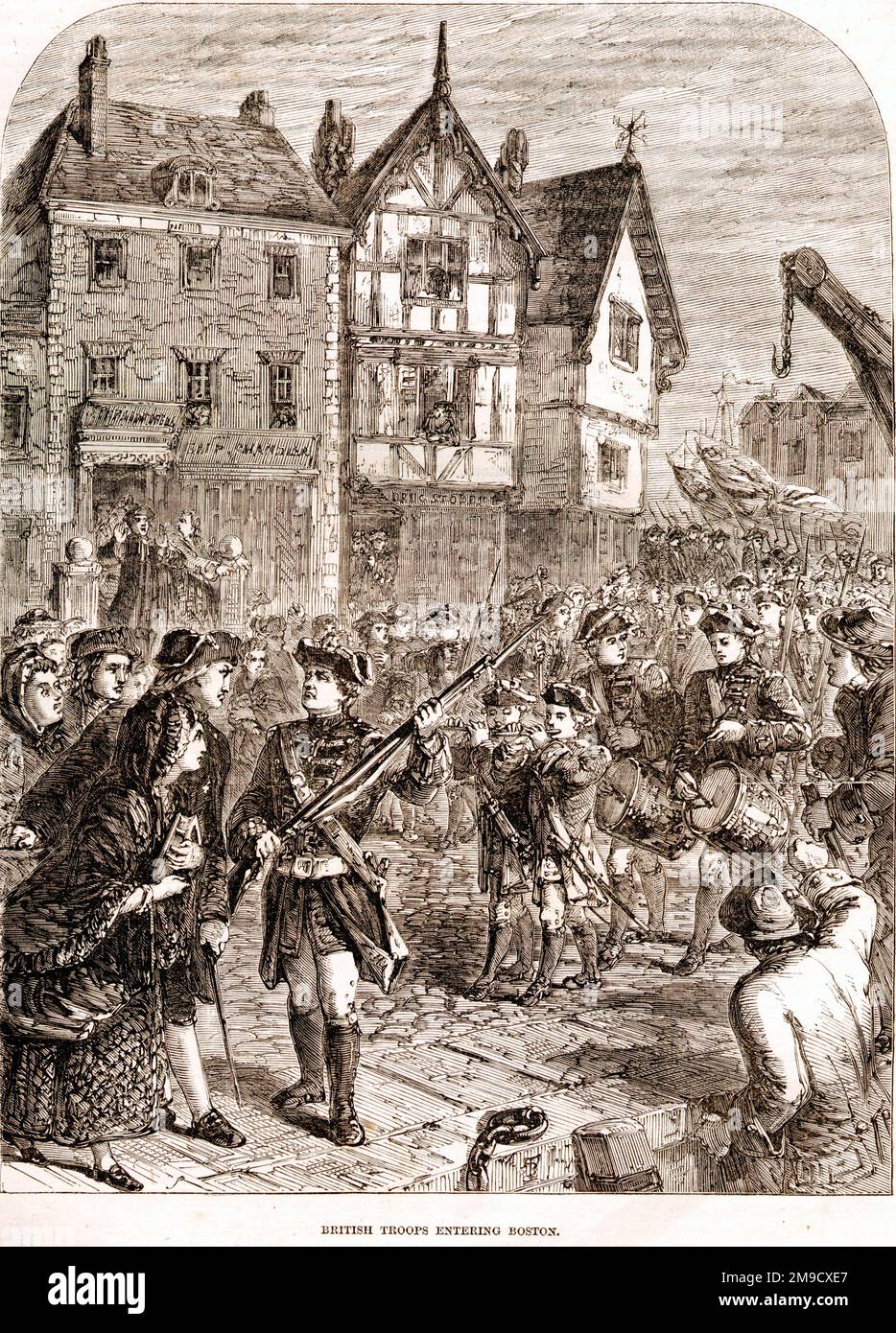 British Troops Entering Boston after the Siege of Boston during the American Revolutionary War of Independence Stock Photo