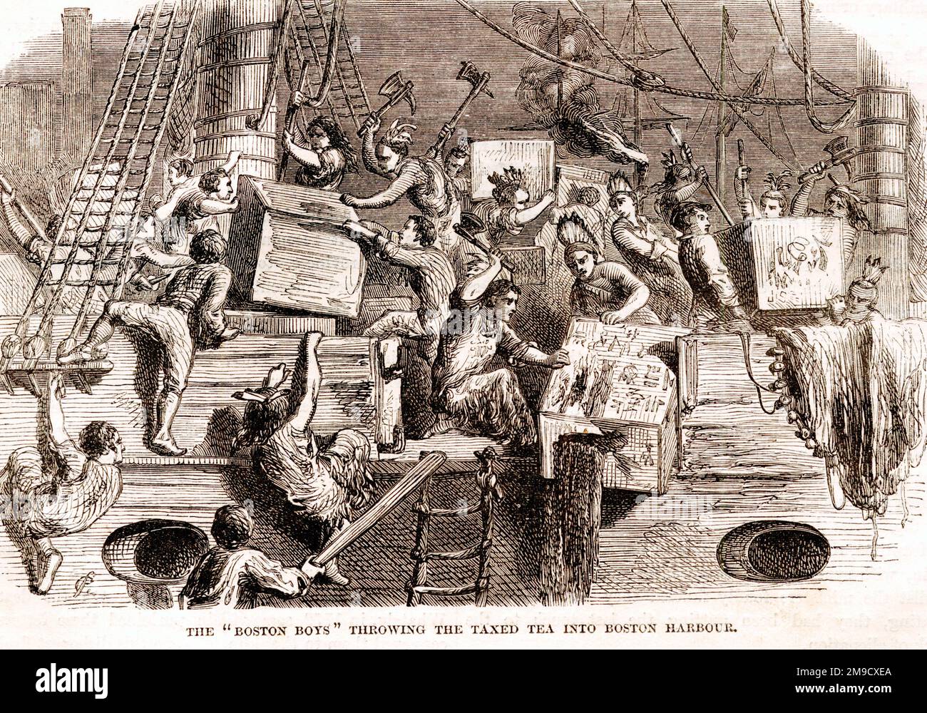 Boston Tea Party political protest by the Sons of Liberty in Boston against the taxation of the British Government and the East India Company that controlled imports of tea Stock Photo