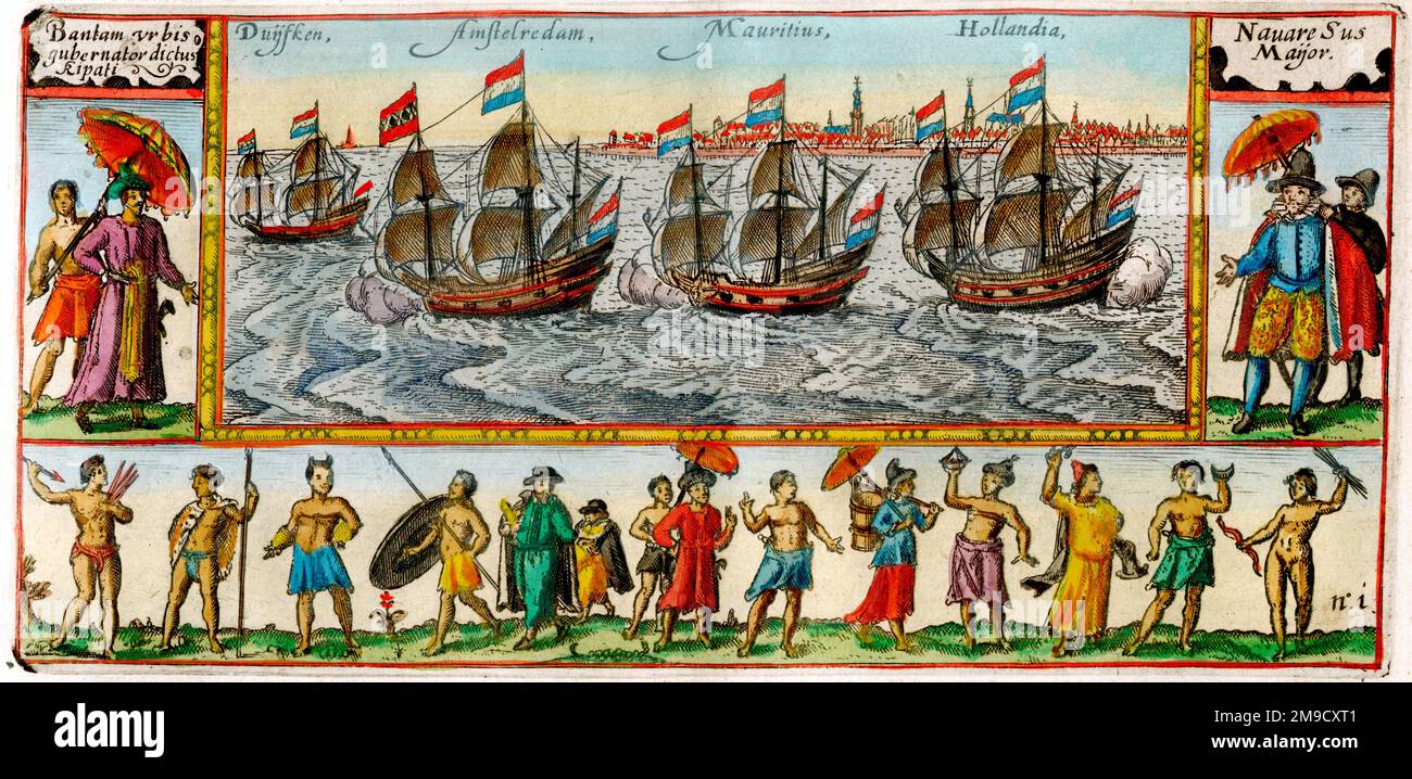 Bantam (Dutch Ships & Local People) - Voyage of the Dutch ships, Amstelredam, Mauritius, Hollandia and Duyfken Stock Photo