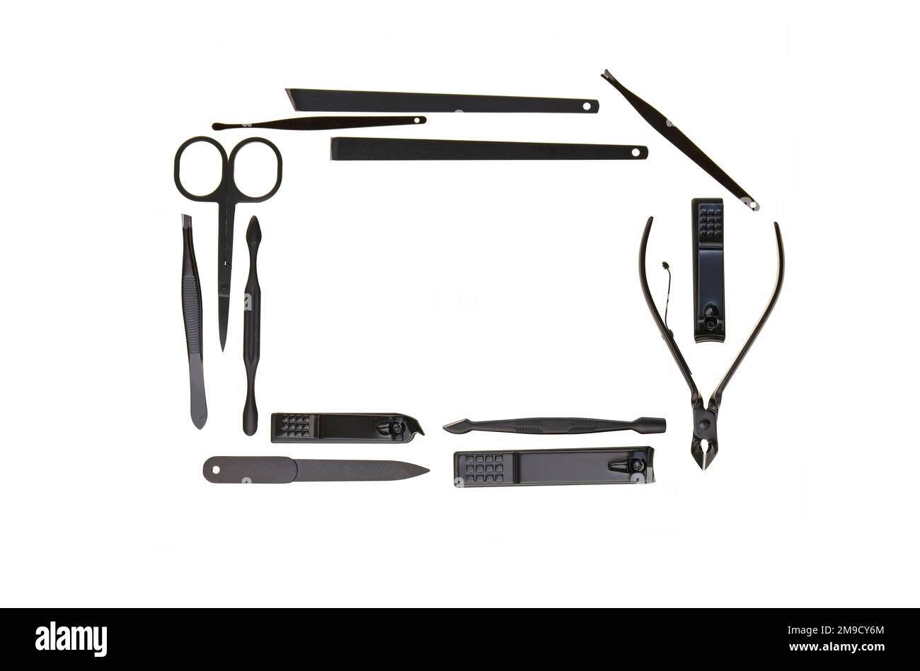 Manicure accessories black color set isolated on white background. manicure Frame . Manicure and
