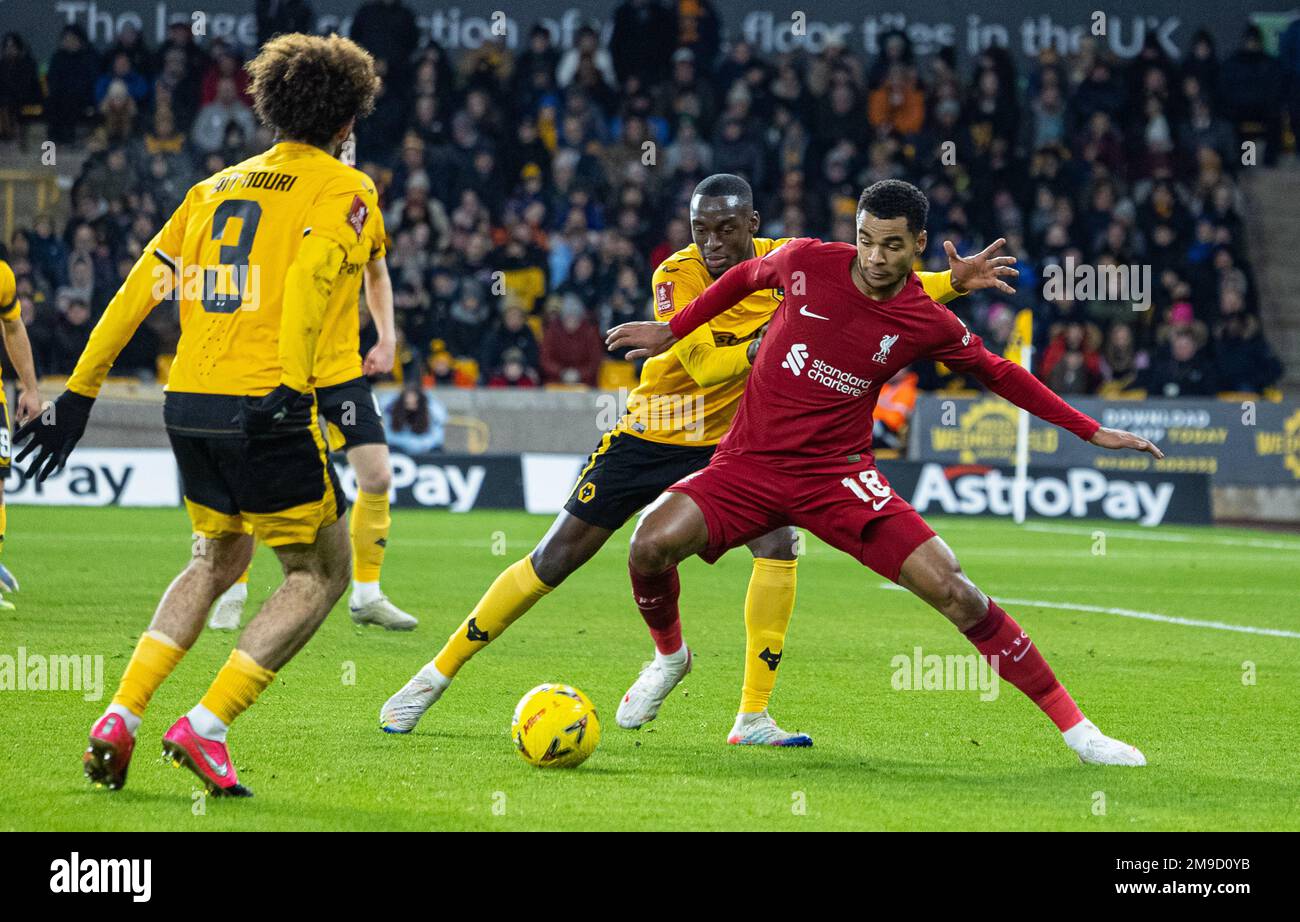 Wolverhampton. 17th Jan, 2023. Liverpool's Cody Gakpo (R) vies for the ball during the FA Cup 3rd Round Replay match between Wolverhampton Wanderers and Liverpool in Wolverhampton, Britain, Jan. 17, 2023. Credit: Xinhua/Alamy Live News Stock Photo